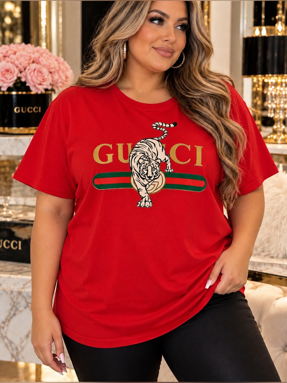 Red Short Sleeve Logo Tee with Tiger Graphic